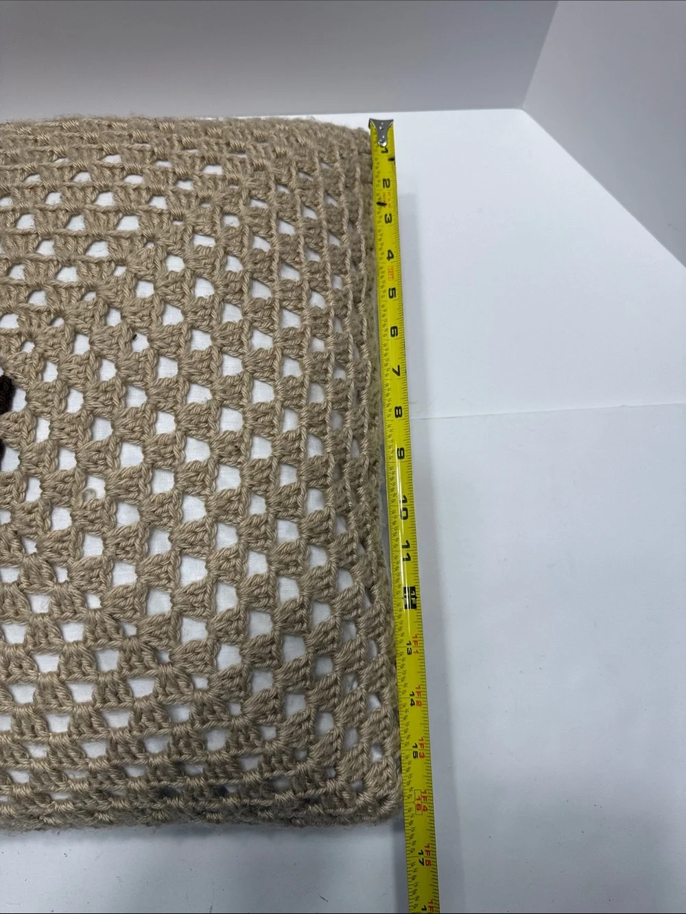 Neutral Crochet Square Pillow with Center Flower Motif